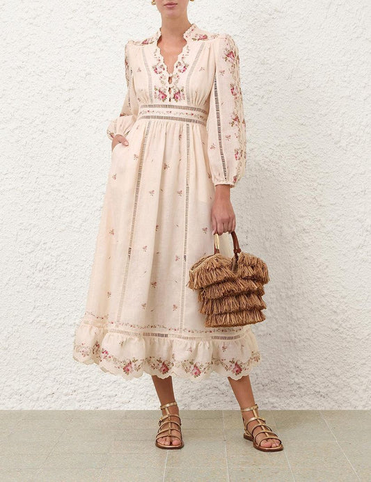 Zimmermann Embroidered Long Sleeve Lace Trim Midi Dress