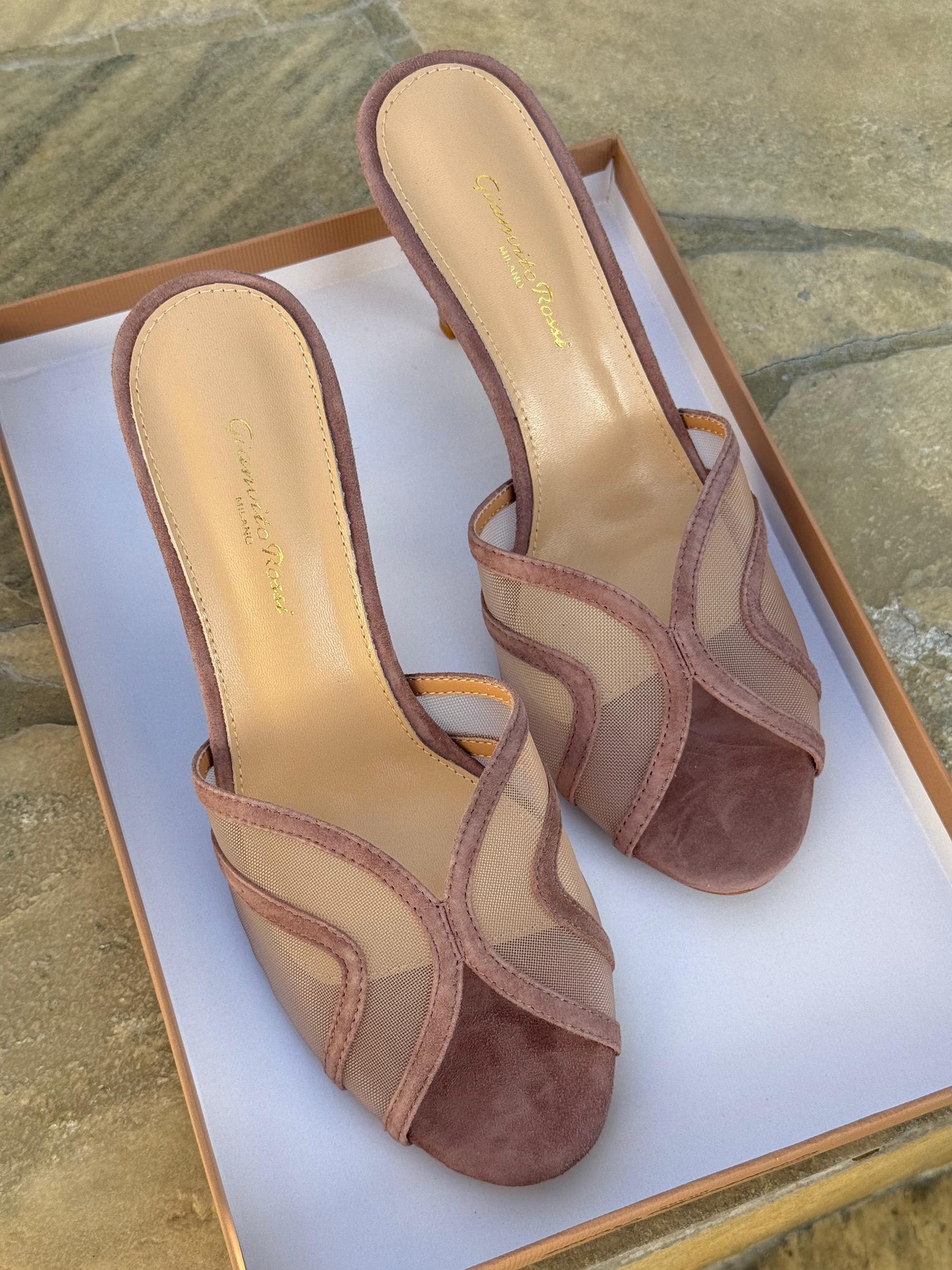 Gianvito Rossi Mules in Organza Mesh & Suede