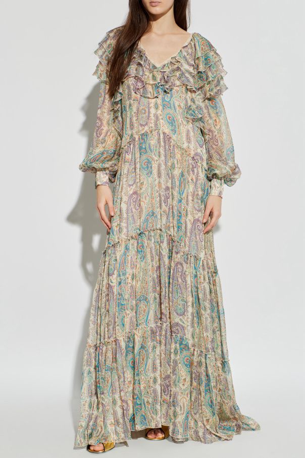 Etro Paisley Print Tiered Maxi Dress with Ruffle Neckline