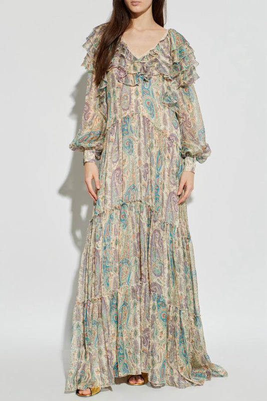 Etro Paisley Print Tiered Maxi Dress with Ruffle Neckline