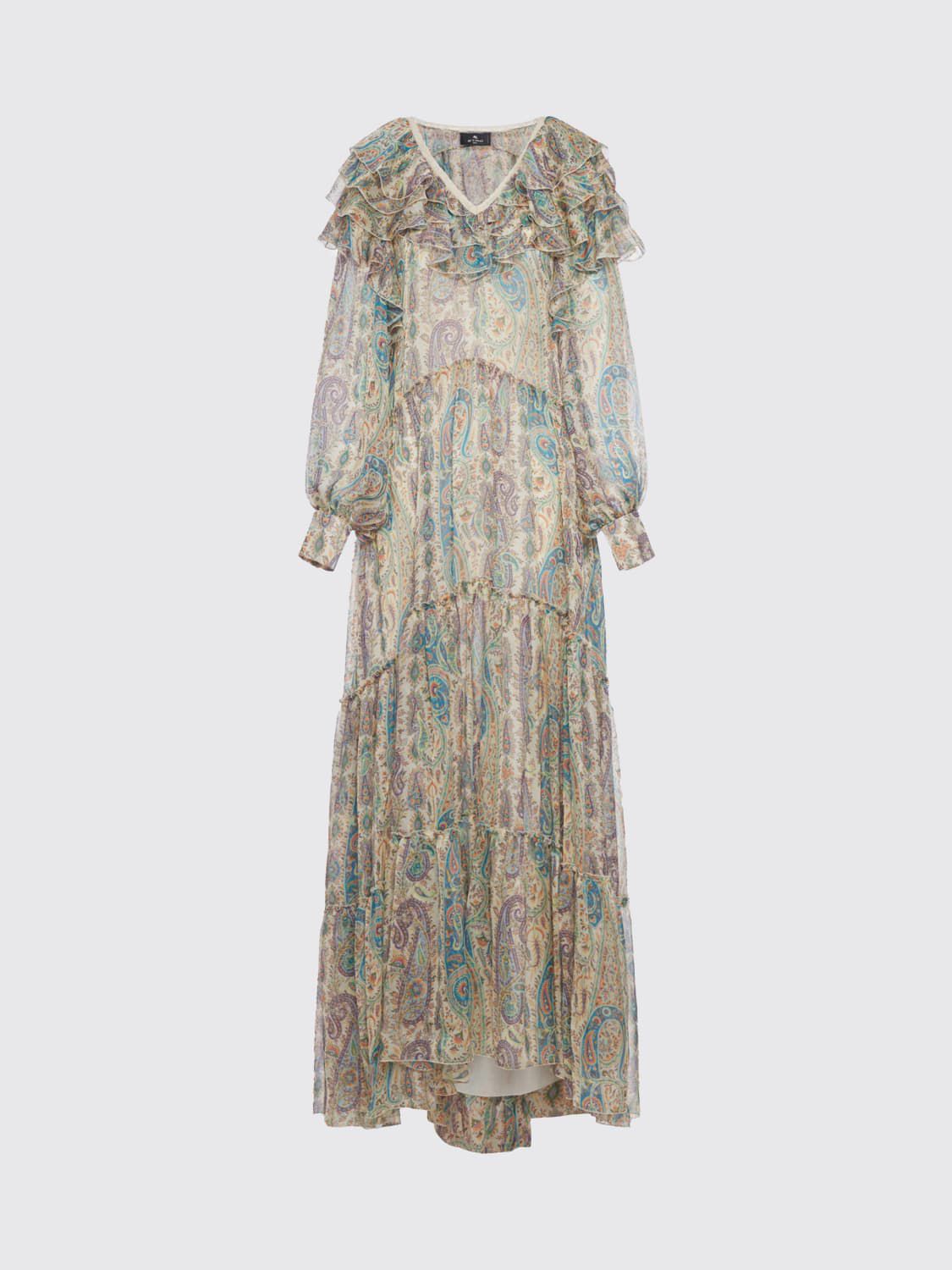 Etro Paisley Print Tiered Maxi Dress with Ruffle Neckline