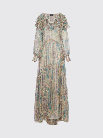 Etro Paisley Print Tiered Maxi Dress with Ruffle Neckline