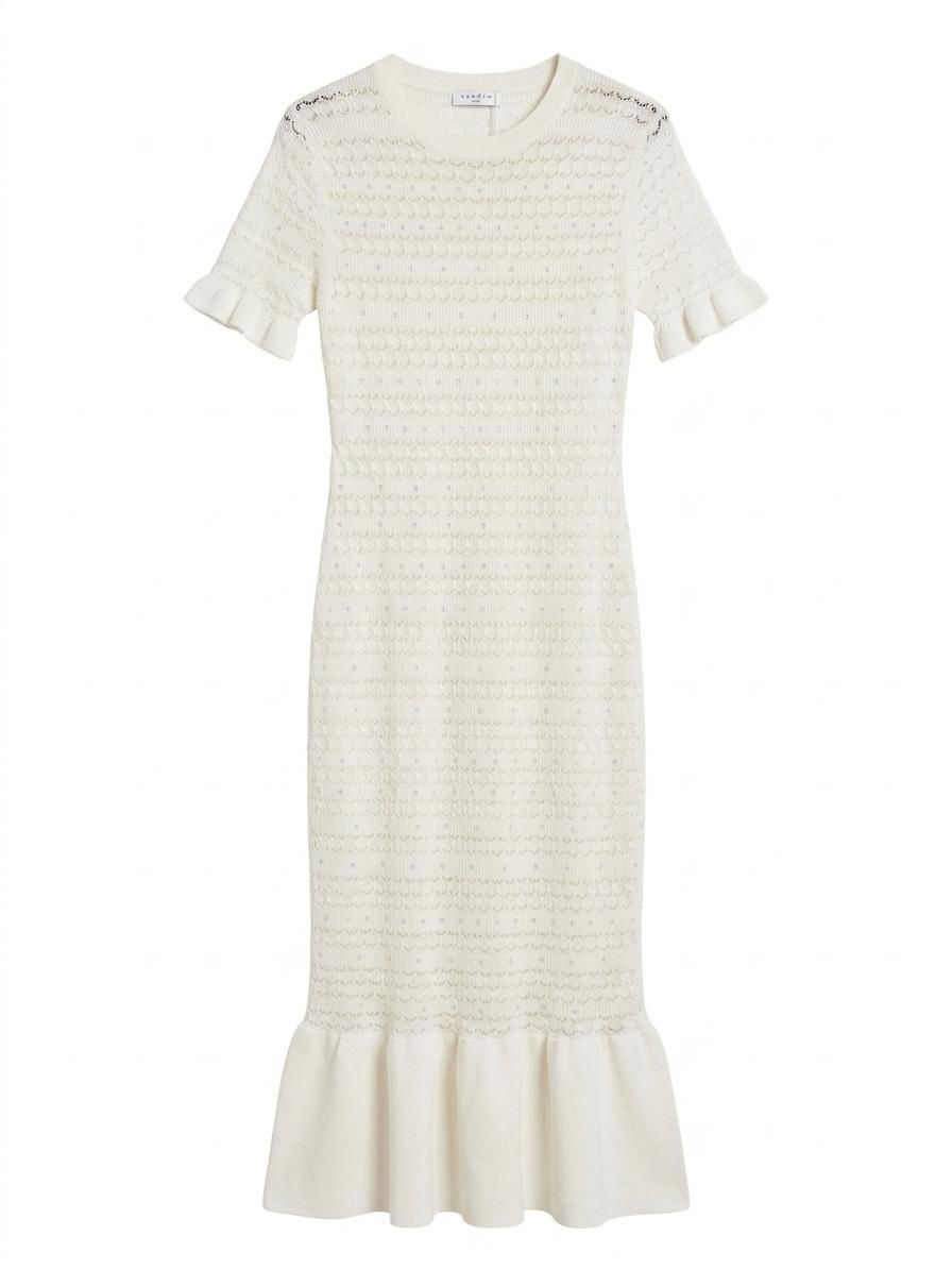 Sandro Textured Knit Ruffle Hem Long Dress