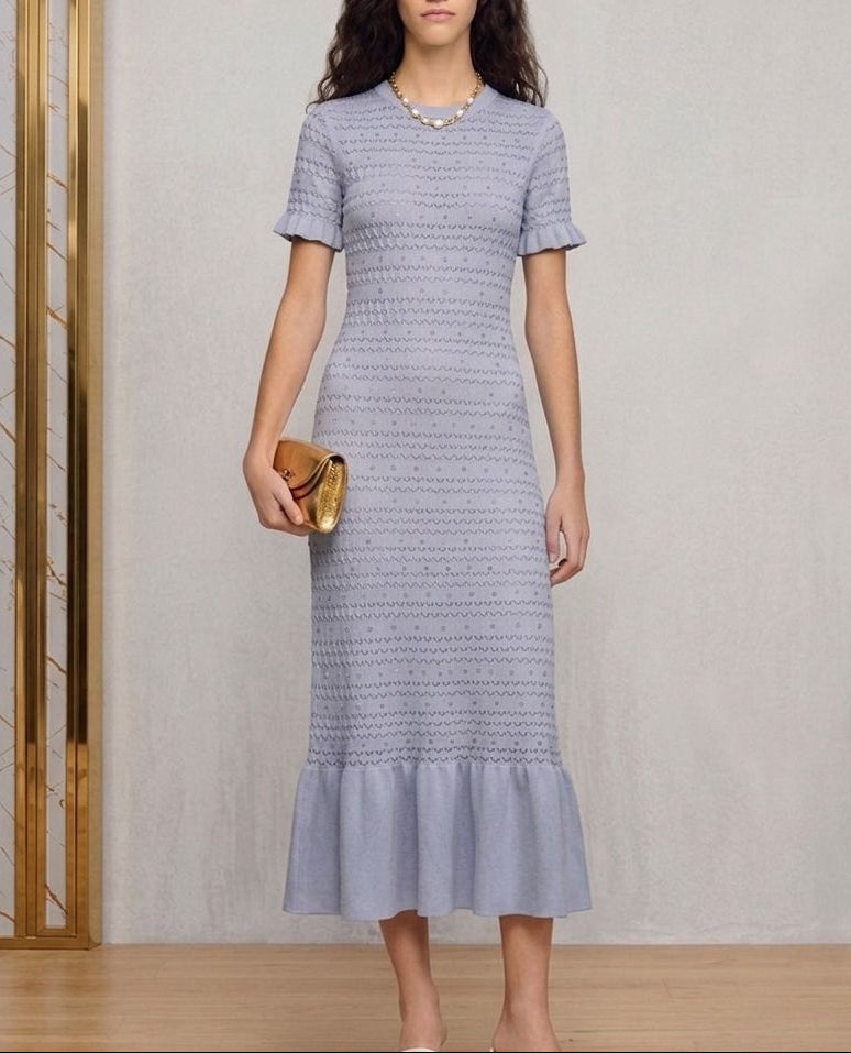Sandro Textured Knit Ruffle Hem Long Dress