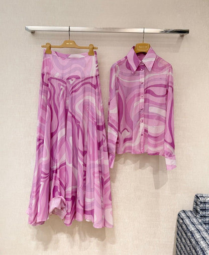 Pucci Full Set Abstract Print Shirt and Maxi Skirt Ensemble