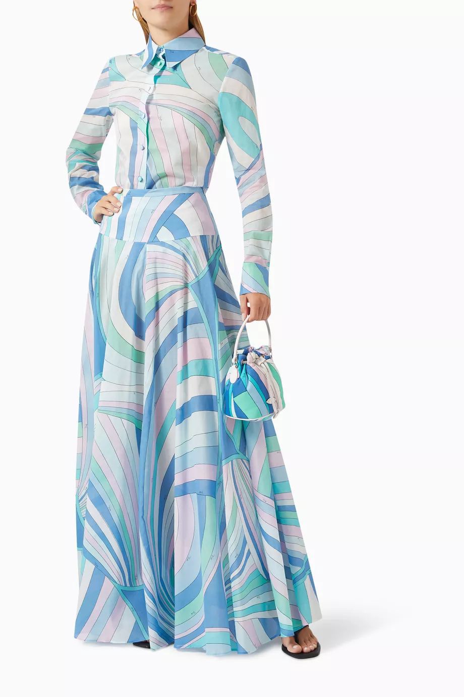 Pucci Full Set Abstract Print Shirt and Maxi Skirt Ensemble