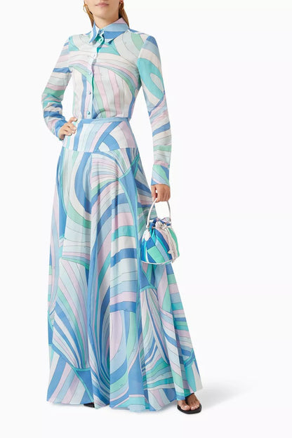Pucci Full Set Abstract Print Shirt and Maxi Skirt Ensemble