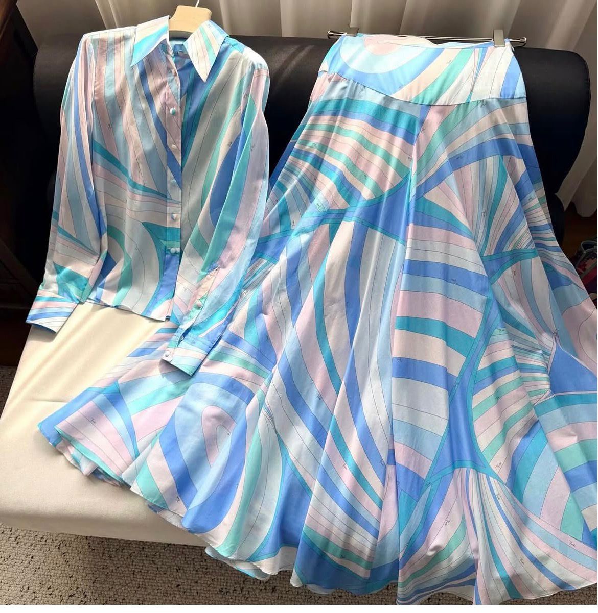 Pucci Full Set Abstract Print Shirt and Maxi Skirt Ensemble