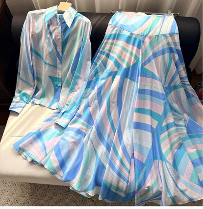Pucci Full Set Abstract Print Shirt and Maxi Skirt Ensemble