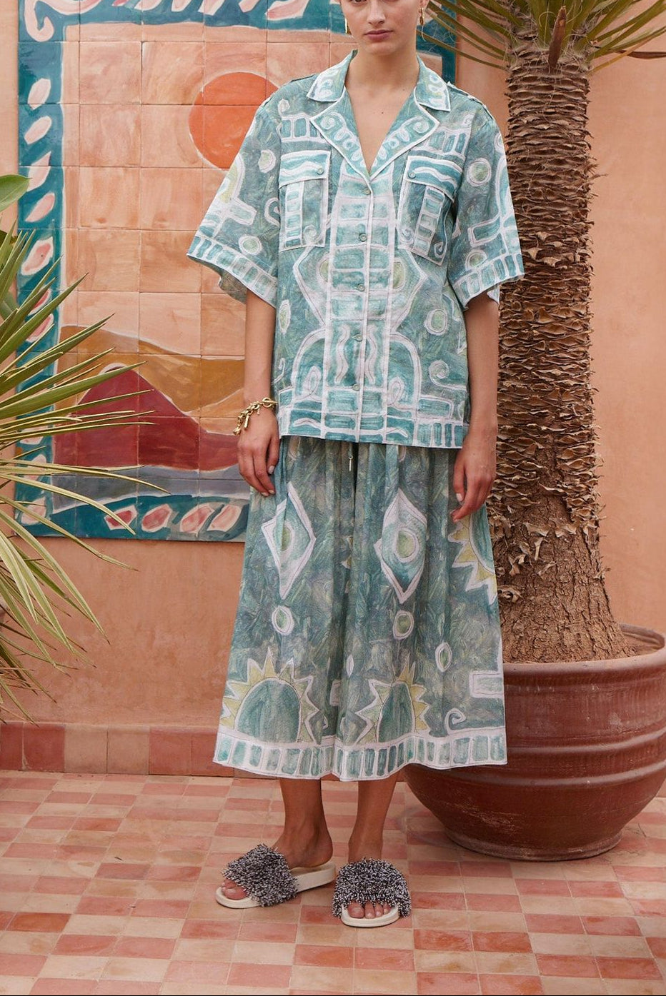 Alemais Printed Relaxed Shirt & Midi Skirt Full Set