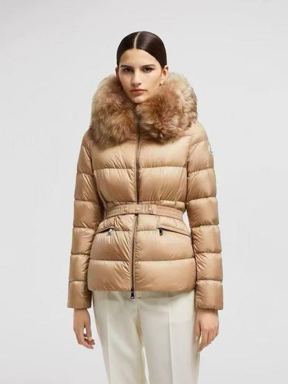 Moncler Belted Down Jacket with Fur Trim Hood