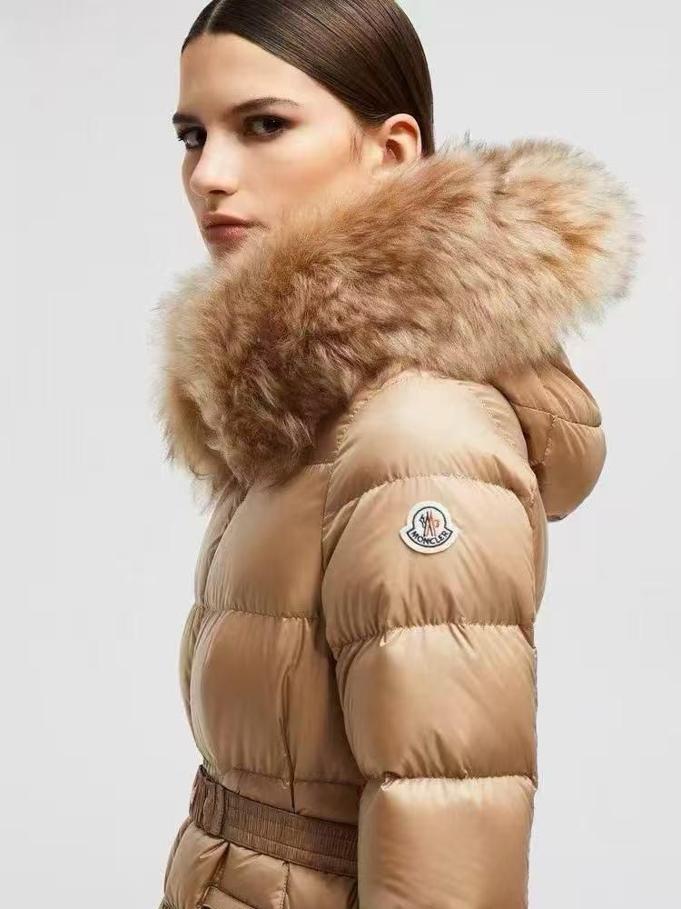 Moncler Belted Down Jacket with Fur Trim Hood