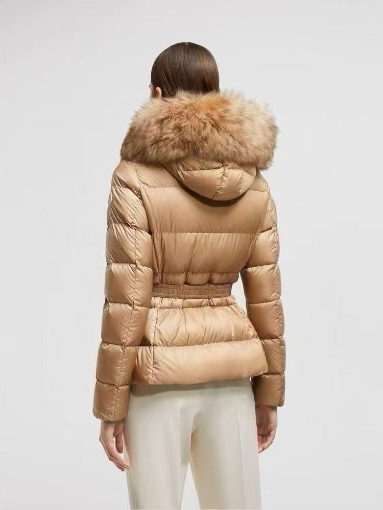Moncler Belted Down Jacket with Fur Trim Hood