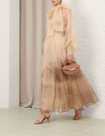 Zimmermann Sheer Bow Neck Long Sleeve Maxi Dress