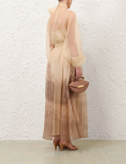 Zimmermann Sheer Bow Neck Long Sleeve Maxi Dress
