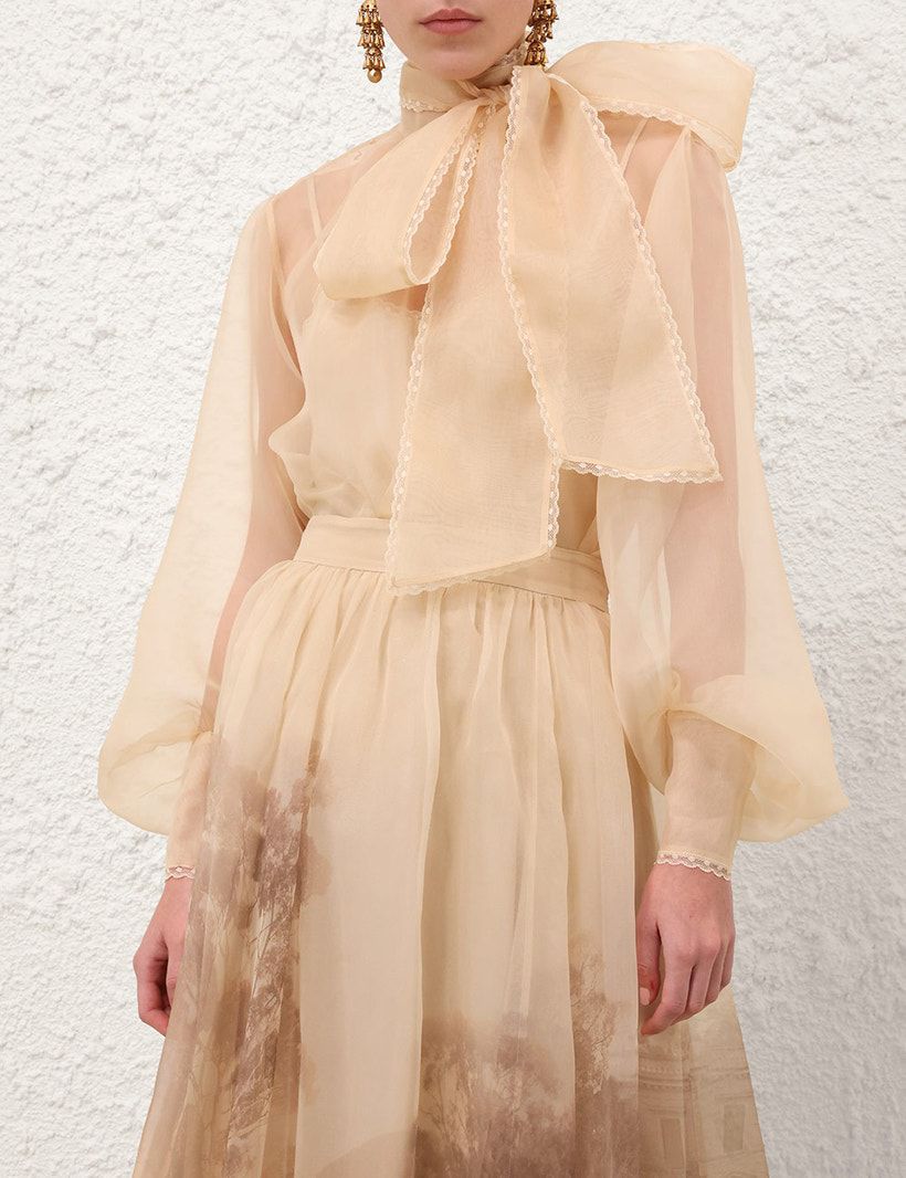 Zimmermann Sheer Bow Neck Long Sleeve Maxi Dress