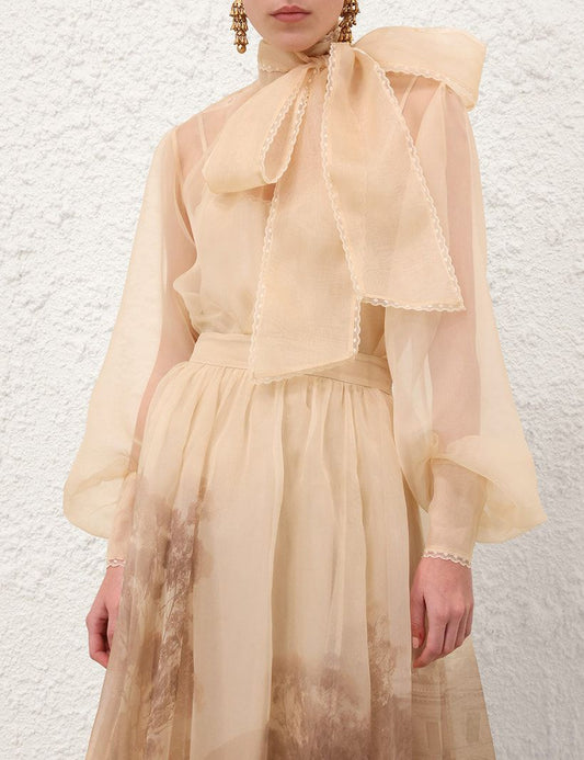 Zimmermann Sheer Bow Neck Long Sleeve Maxi Dress