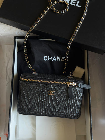 Chanel Braided Raffia Top Handle Slim Vanity Case With Chain