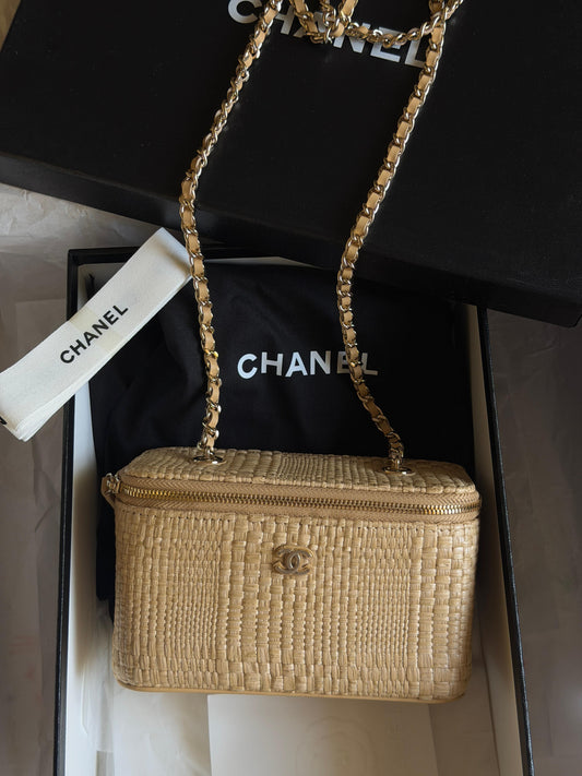 Chanel Braided Raffia Top Handle Slim Vanity Case With Chain