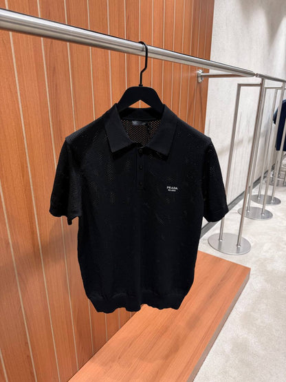 Prada Men’s Textured Knit Polo Shirt with Logo Detail