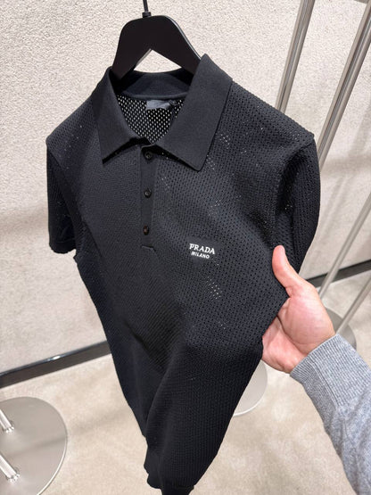 Prada Men’s Textured Knit Polo Shirt with Logo Detail