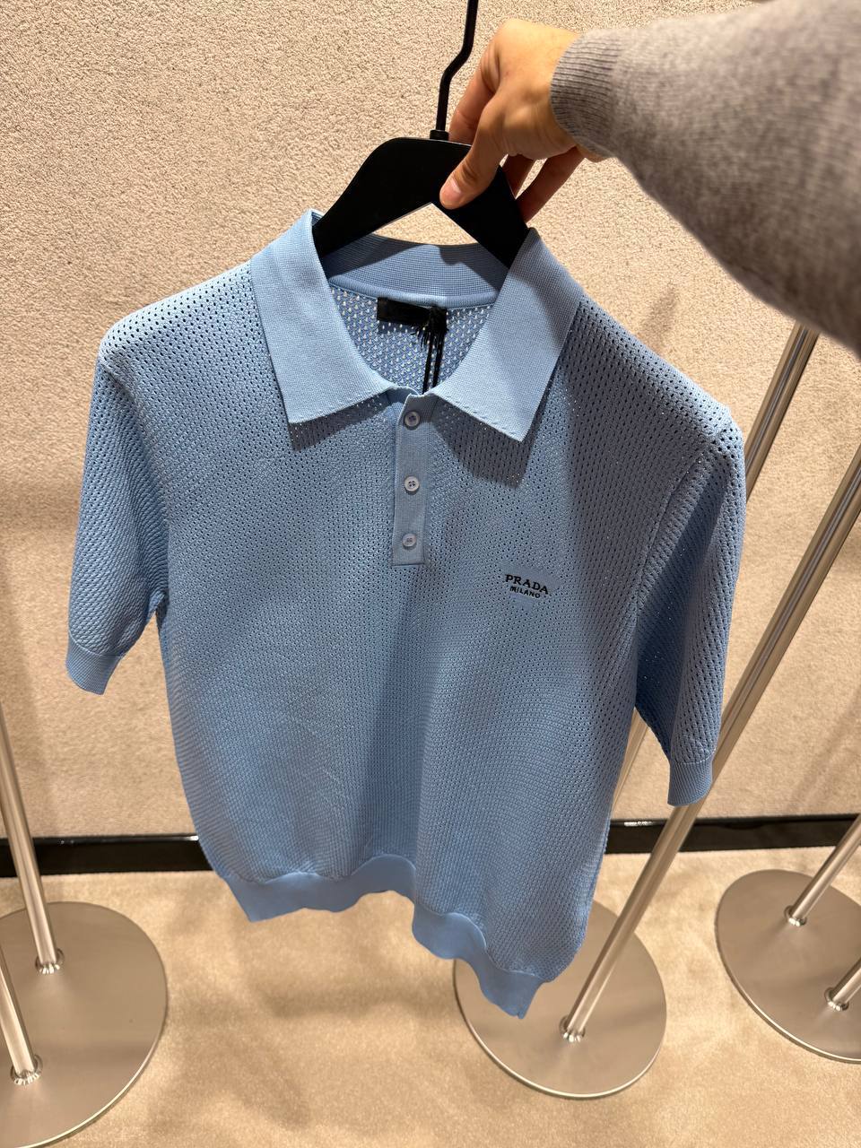 Prada Men’s Textured Knit Polo Shirt with Logo Detail