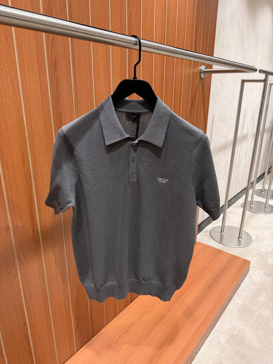 Prada Men’s Textured Knit Polo Shirt with Logo Detail