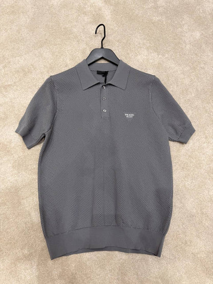 Prada Men’s Textured Knit Polo Shirt with Logo Detail