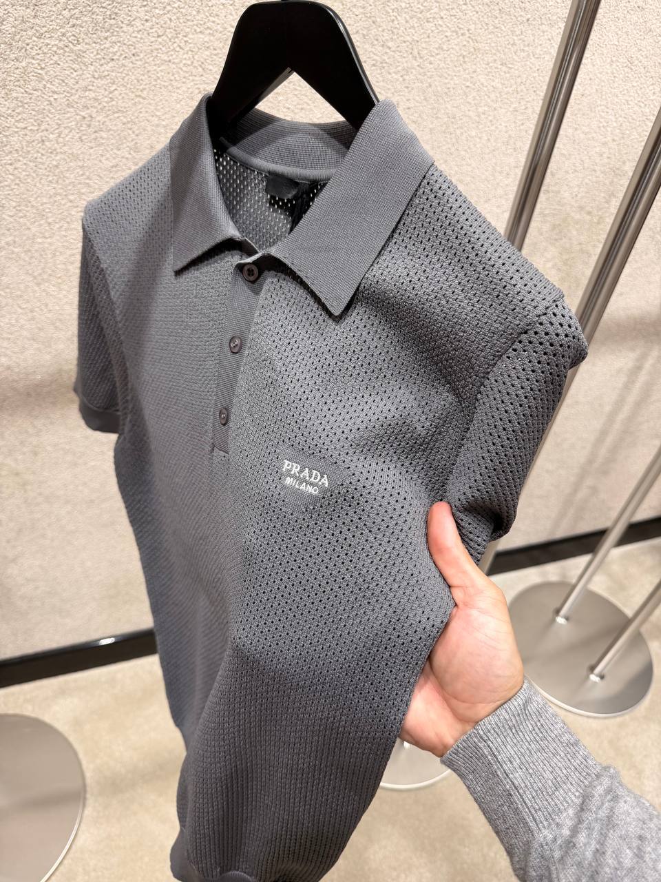 Prada Men’s Textured Knit Polo Shirt with Logo Detail
