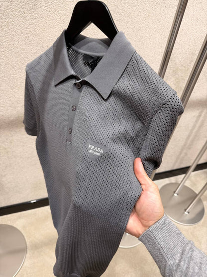 Prada Men’s Textured Knit Polo Shirt with Logo Detail